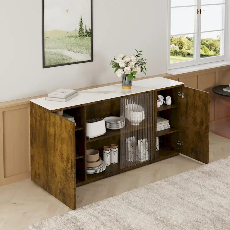 Wooden Sideboard Cabinet with 2 Solid Doors and Fluted Glass Door