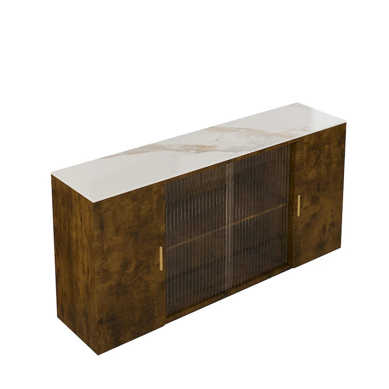 Wooden Sideboard Cabinet with 2 Solid Doors and Fluted Glass Door