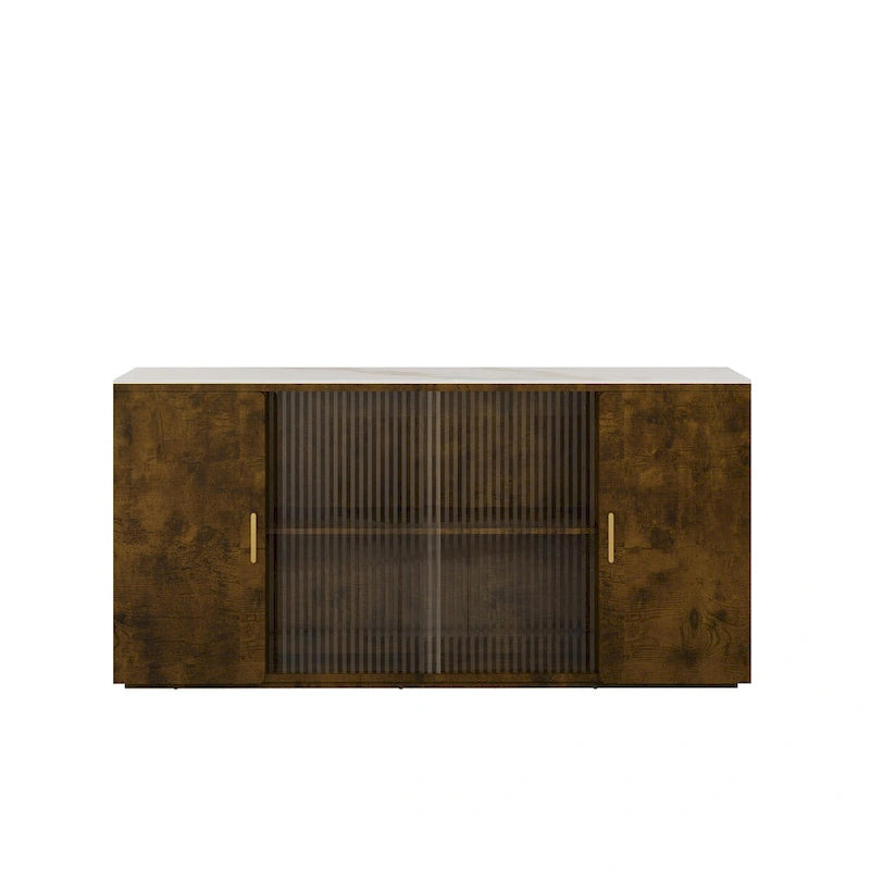 Wooden Sideboard Cabinet with 2 Solid Doors and Fluted Glass Door