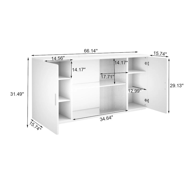 Wooden Sideboard Cabinet with 2 Solid Doors and Fluted Glass Door