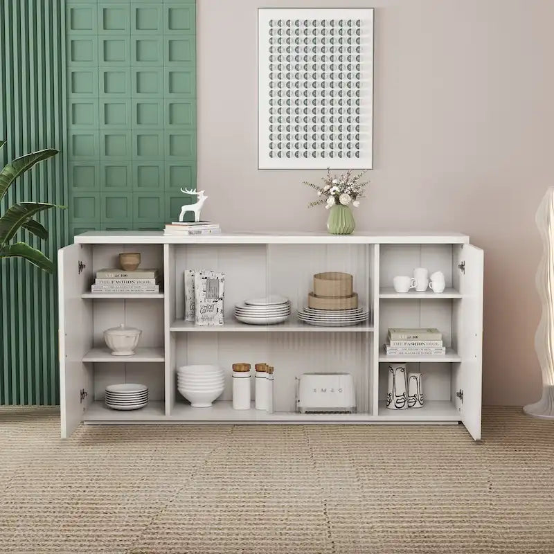Wooden Sideboard Cabinet with 2 Solid Doors and Fluted Glass Door