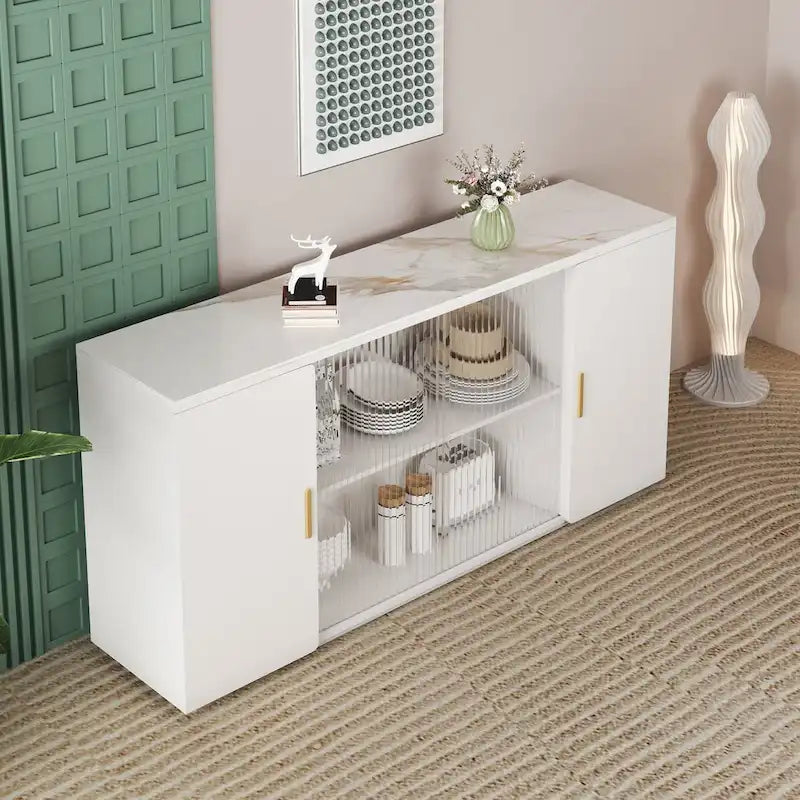 Wooden Sideboard Cabinet with 2 Solid Doors and Fluted Glass Door
