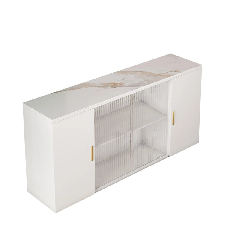 Wooden Sideboard Cabinet with 2 Solid Doors and Fluted Glass Door