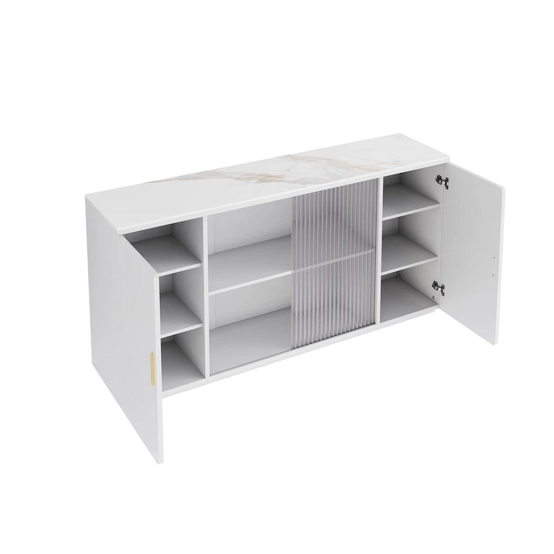 Wooden Sideboard Cabinet with 2 Solid Doors and Fluted Glass Door