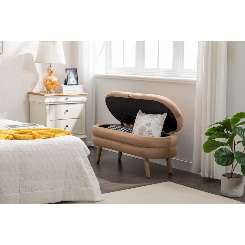 Velvet Fabric Storage Bench Bedroom Bench With Wood Legs For Living Room Bedroom Indoor