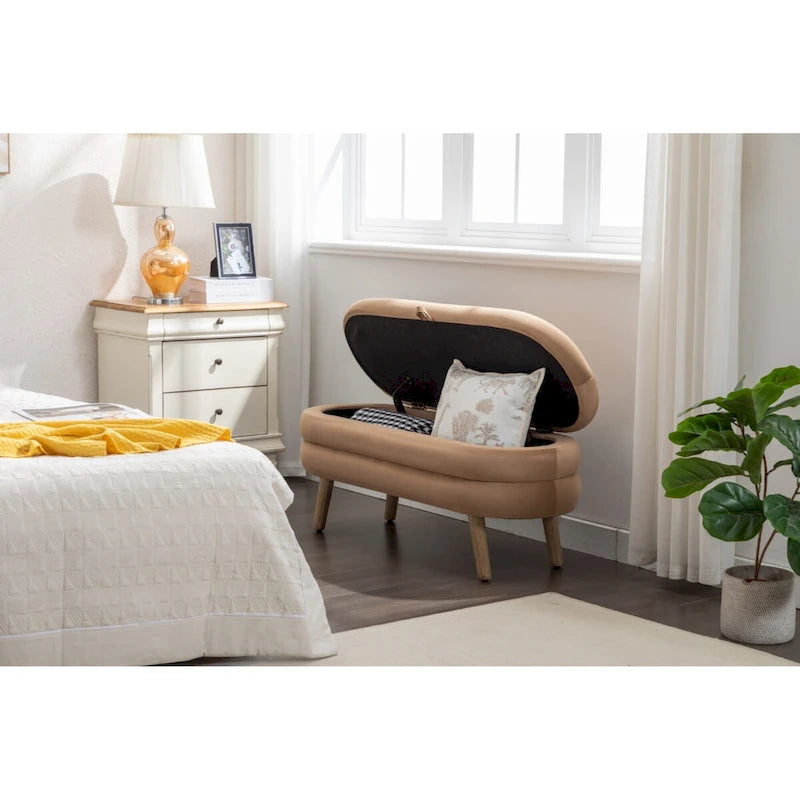 Velvet Fabric Storage Bench Bedroom Bench With Wood Legs For Living Room Bedroom Indoor