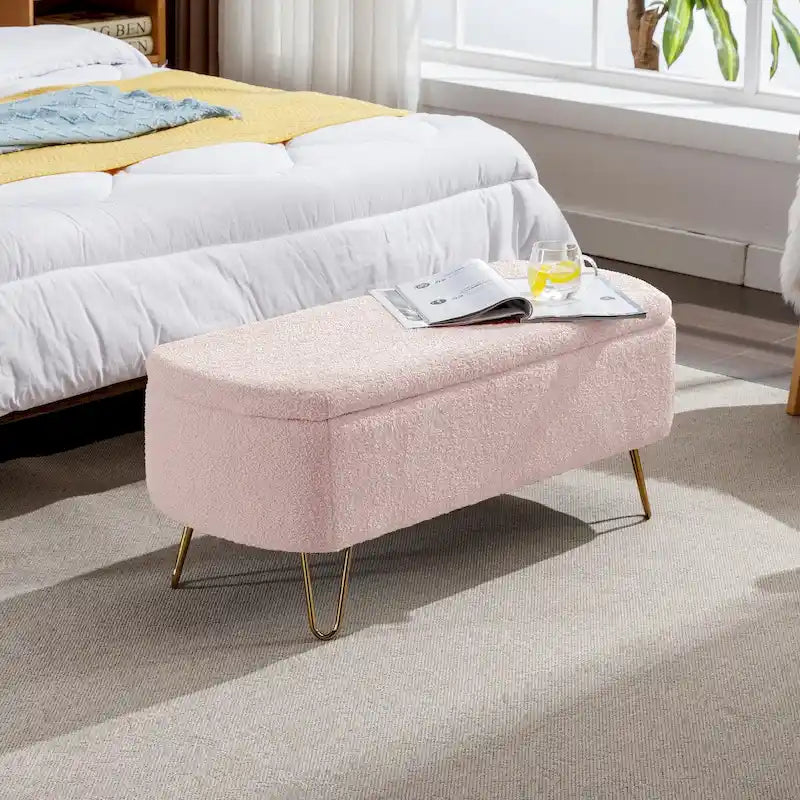 Upholstered Storage Ottoman Bench with Gold Hairpin Legs Faux Fur