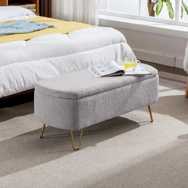 Upholstered Storage Ottoman Bench with Gold Hairpin Legs Faux Fur