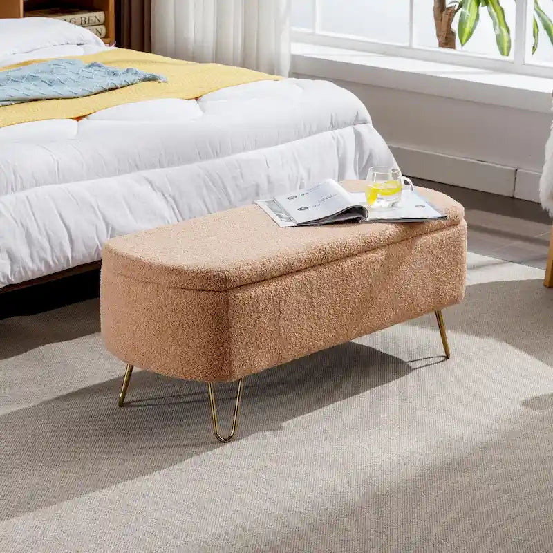 Upholstered Storage Ottoman Bench with Gold Hairpin Legs Faux Fur