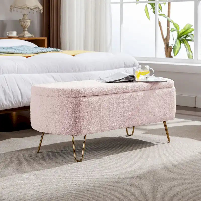 Upholstered Storage Ottoman Bench with Gold Hairpin Legs Faux Fur
