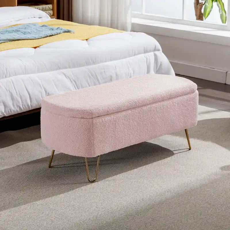 Upholstered Storage Ottoman Bench with Gold Hairpin Legs Faux Fur