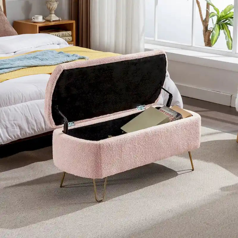 Upholstered Storage Ottoman Bench with Gold Hairpin Legs Faux Fur