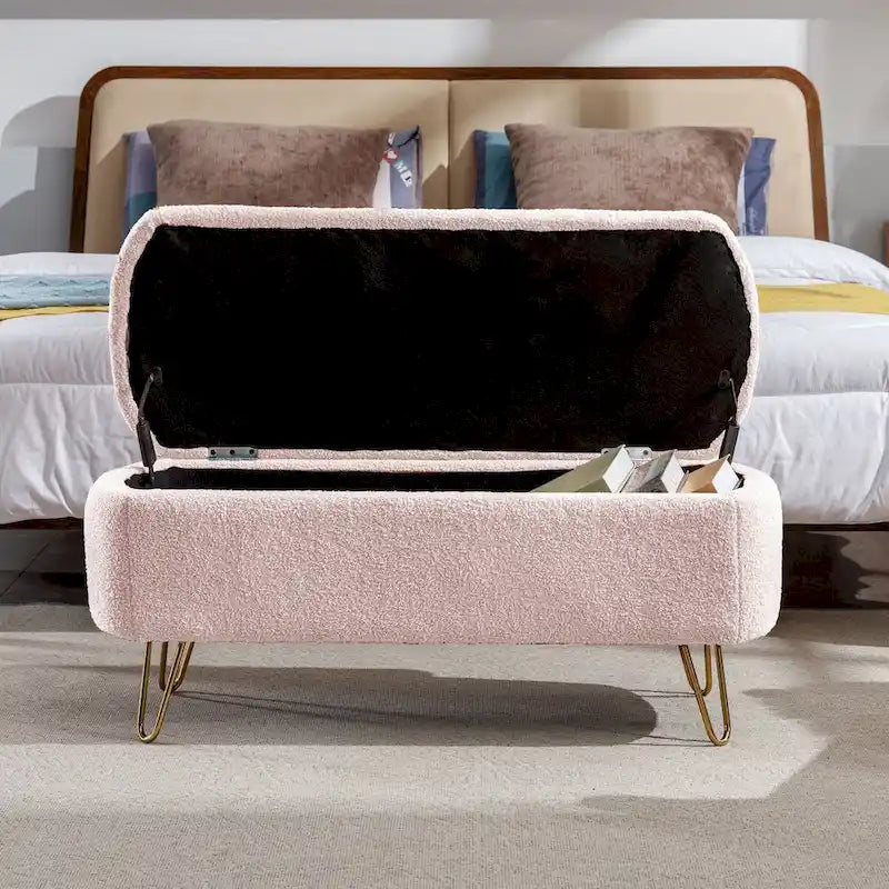 Upholstered Storage Ottoman Bench with Gold Hairpin Legs Faux Fur