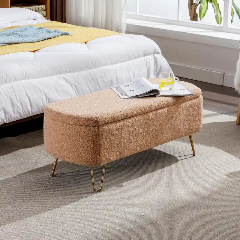 Upholstered Storage Ottoman Bench with Gold Hairpin Legs Faux Fur