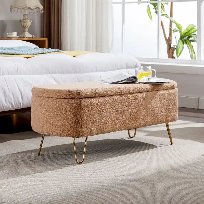 Upholstered Storage Ottoman Bench with Gold Hairpin Legs Faux Fur