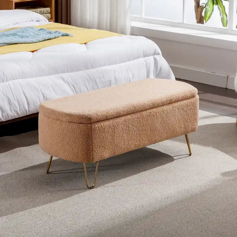Upholstered Storage Ottoman Bench with Gold Hairpin Legs Faux Fur