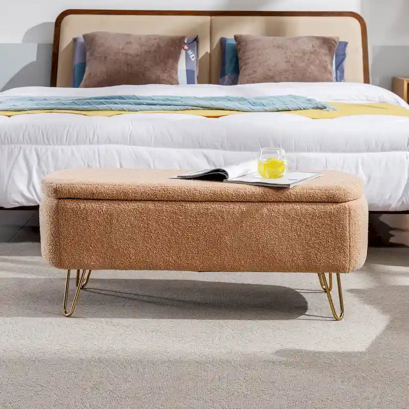 Upholstered Storage Ottoman Bench with Gold Hairpin Legs Faux Fur