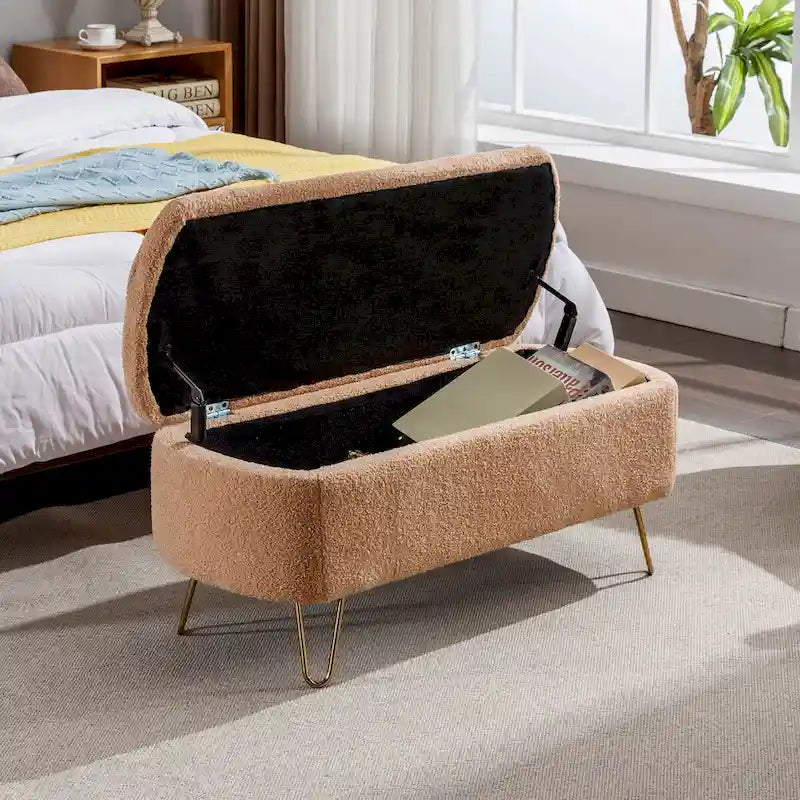 Upholstered Storage Ottoman Bench with Gold Hairpin Legs Faux Fur