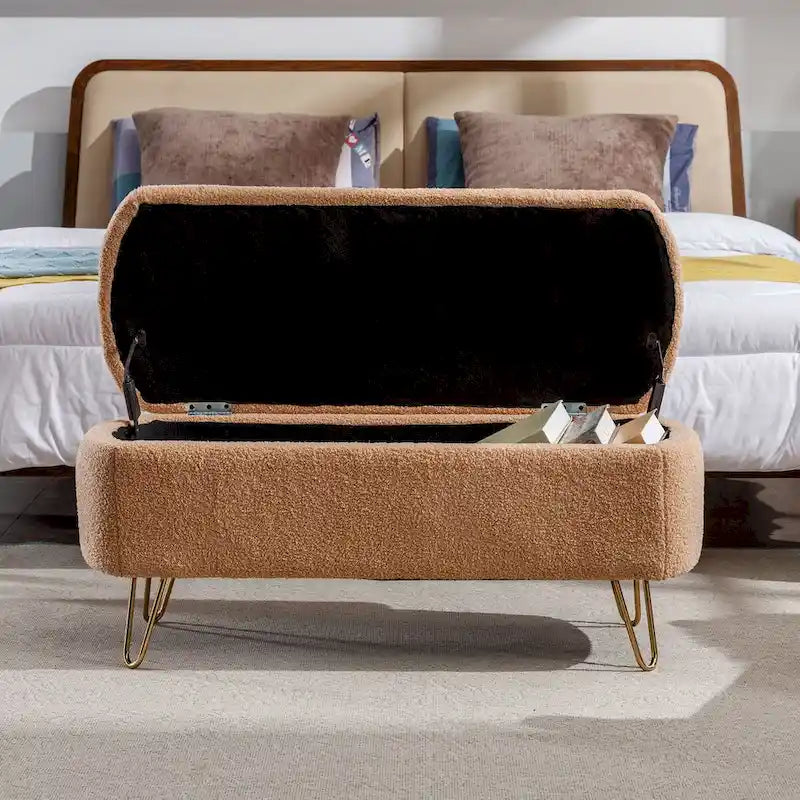 Upholstered Storage Ottoman Bench with Gold Hairpin Legs Faux Fur