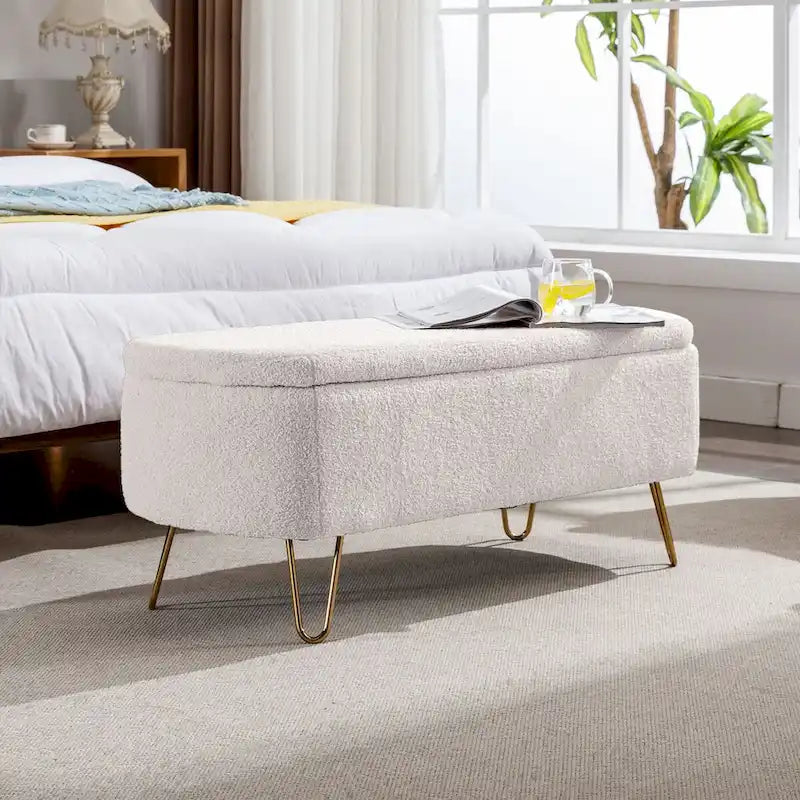 Upholstered Storage Ottoman Bench with Gold Hairpin Legs Faux Fur