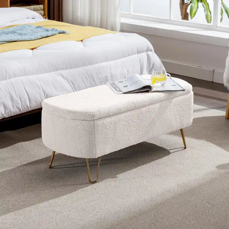 Upholstered Storage Ottoman Bench with Gold Hairpin Legs Faux Fur