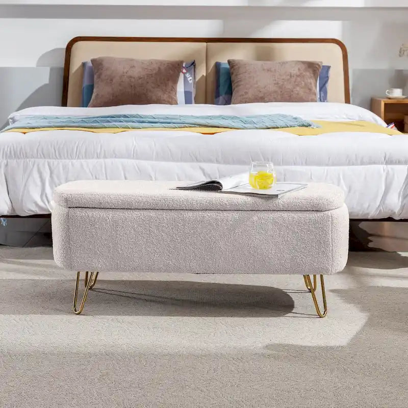 Upholstered Storage Ottoman Bench with Gold Hairpin Legs Faux Fur