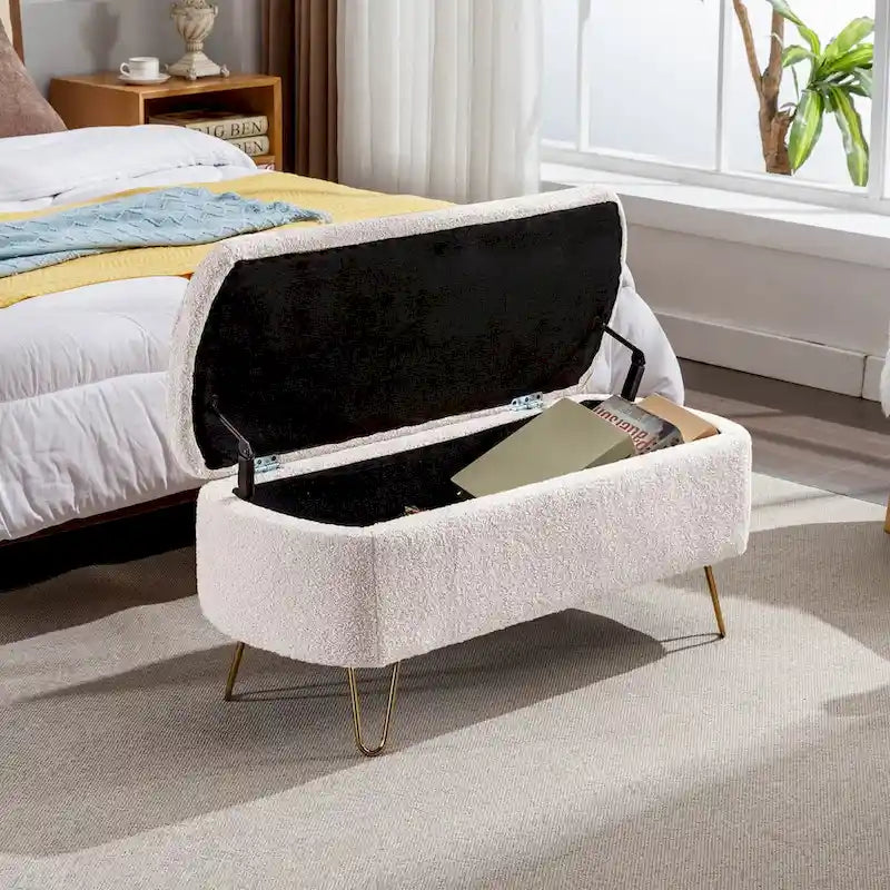 Upholstered Storage Ottoman Bench with Gold Hairpin Legs Faux Fur