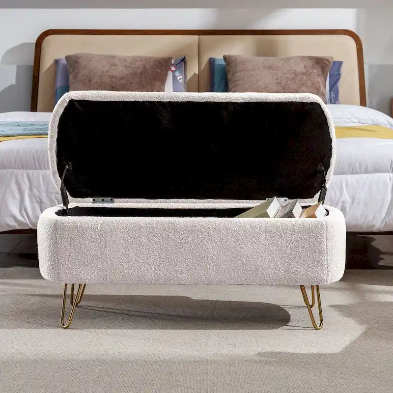 Upholstered Storage Ottoman Bench with Gold Hairpin Legs Faux Fur
