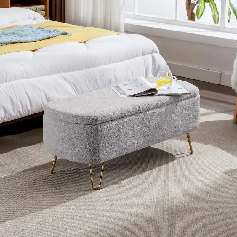 Upholstered Storage Ottoman Bench with Gold Hairpin Legs Faux Fur