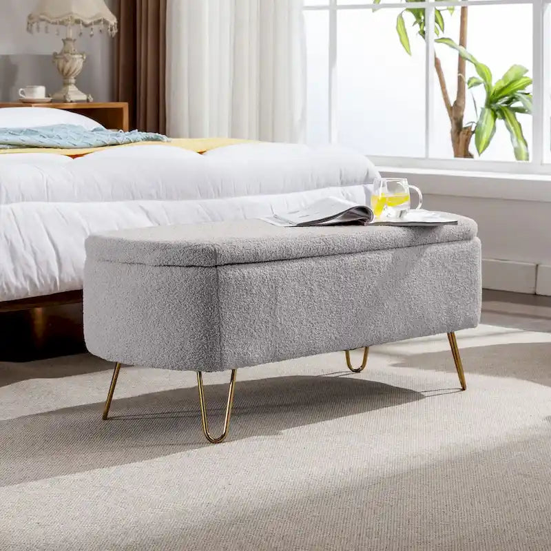 Upholstered Storage Ottoman Bench with Gold Hairpin Legs Faux Fur