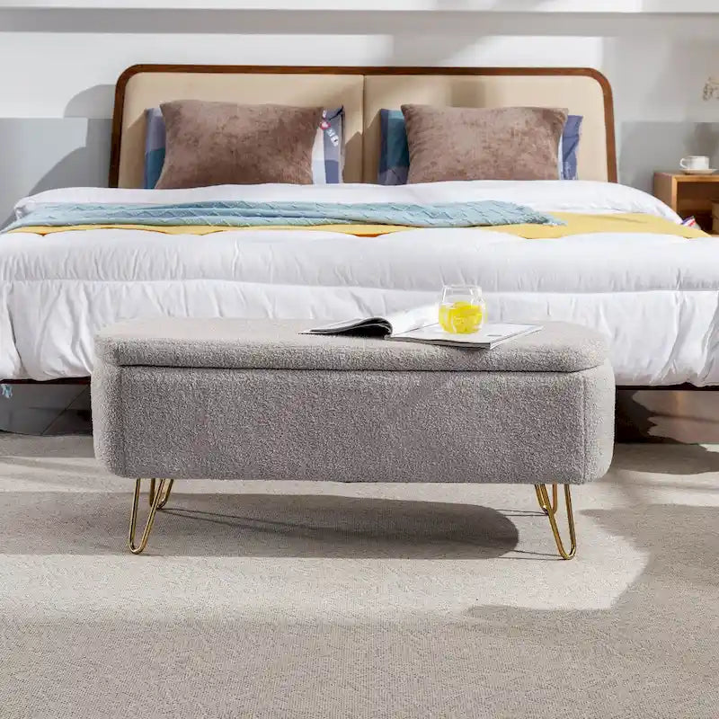 Upholstered Storage Ottoman Bench with Gold Hairpin Legs Faux Fur