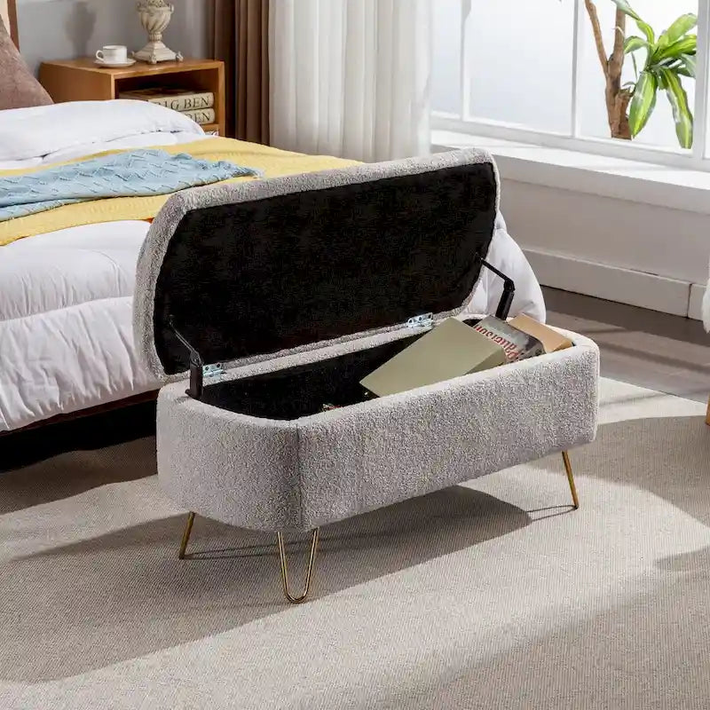 Upholstered Storage Ottoman Bench with Gold Hairpin Legs Faux Fur
