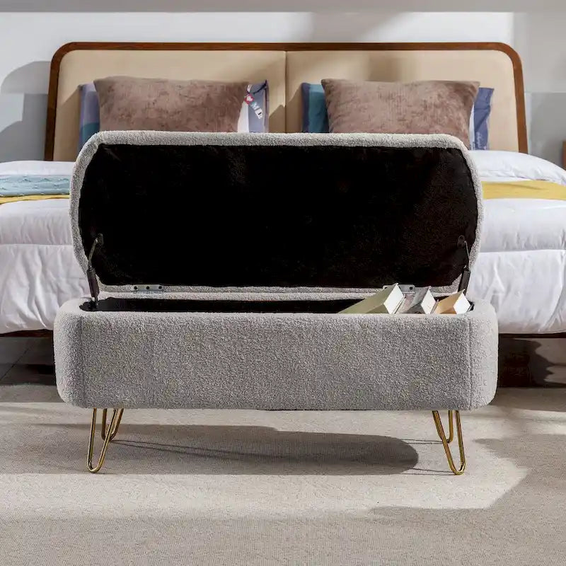 Upholstered Storage Ottoman Bench with Gold Hairpin Legs Faux Fur