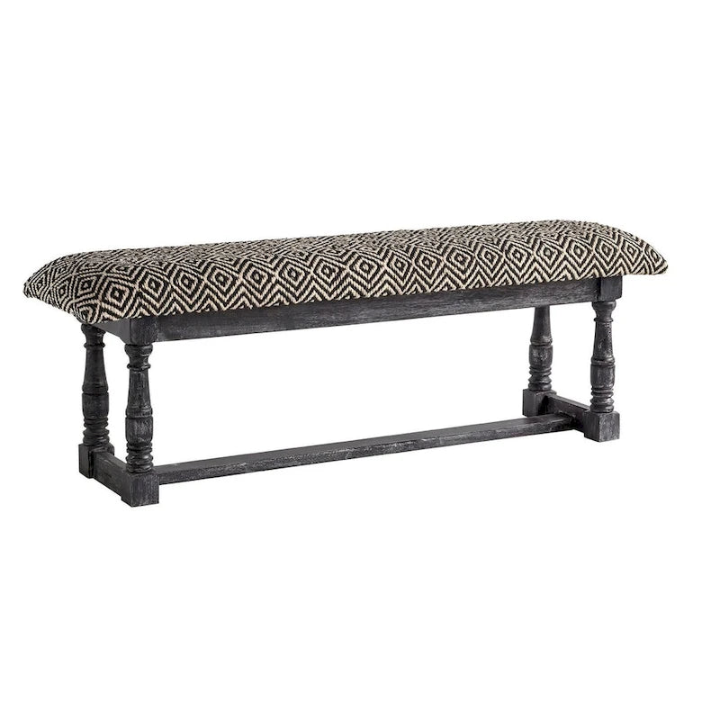 Black and White Diamond Trellis Upholstered Bench with Gray Wood Frame