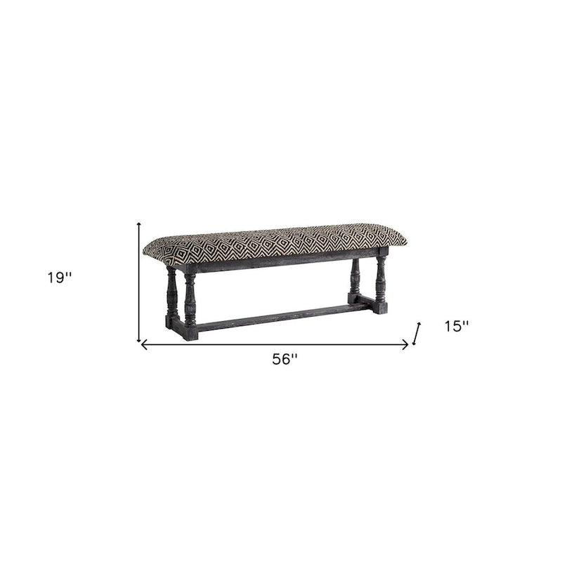 Black and White Diamond Trellis Upholstered Bench with Gray Wood Frame