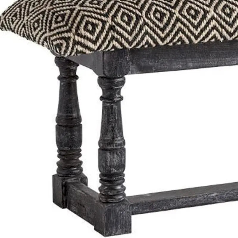 Black and White Diamond Trellis Upholstered Bench with Gray Wood Frame