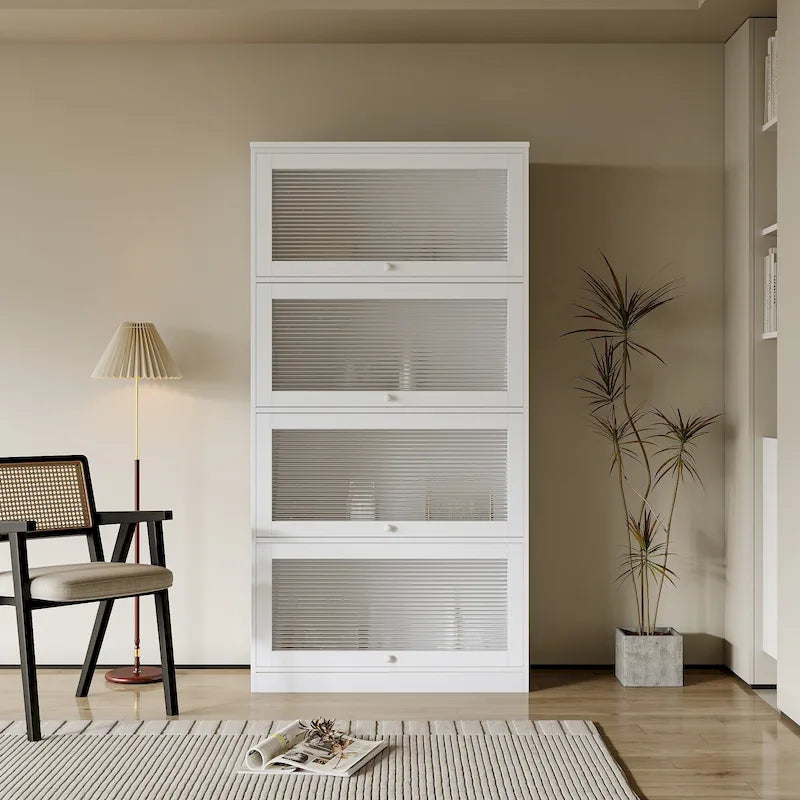 4-Layer Flip-Up Glass Door Storage Cabinet Walnut Brown White