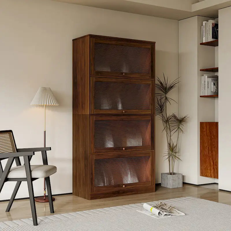 4-Layer Flip-Up Glass Door Storage Cabinet Walnut Brown White