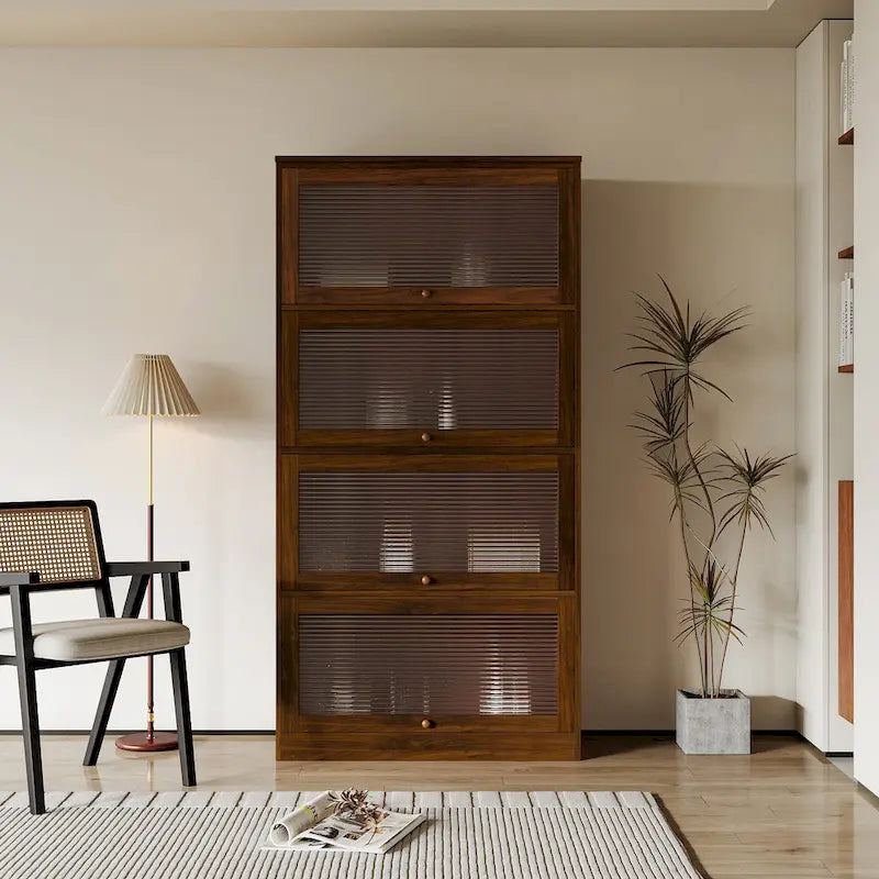 4-Layer Flip-Up Glass Door Storage Cabinet Walnut Brown White