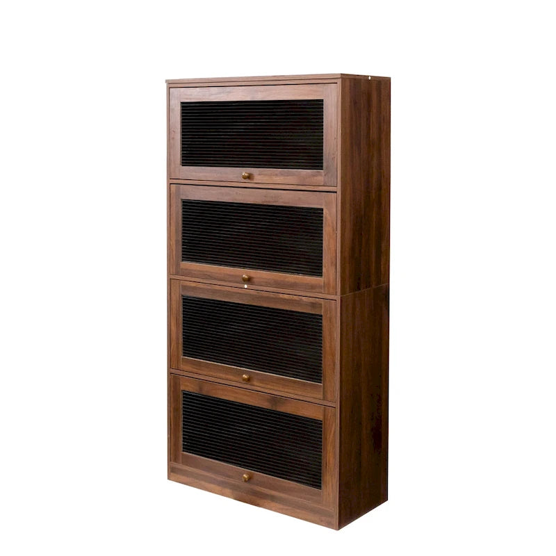 4-Layer Flip-Up Glass Door Storage Cabinet Walnut Brown White