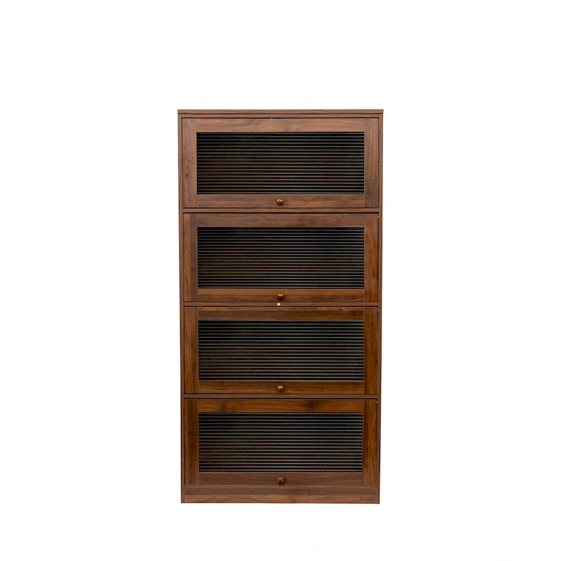 4-Layer Flip-Up Glass Door Storage Cabinet Walnut Brown White