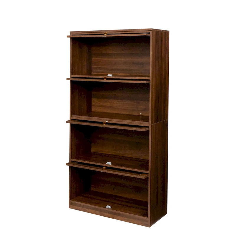 4-Layer Flip-Up Glass Door Storage Cabinet Walnut Brown White