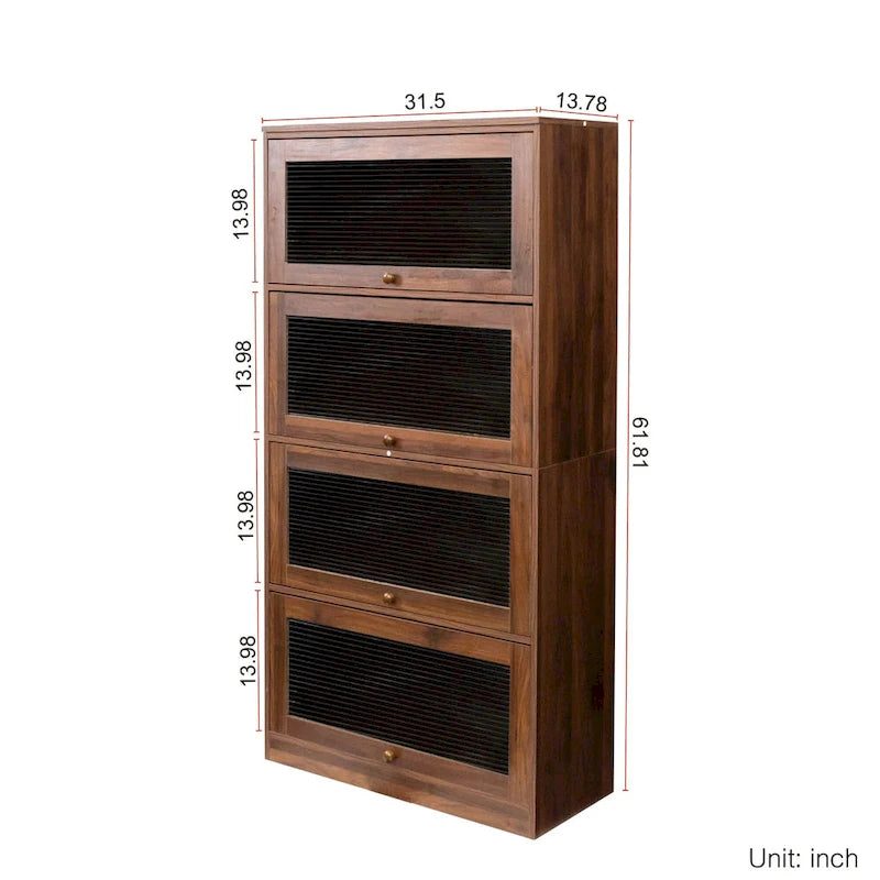 4-Layer Flip-Up Glass Door Storage Cabinet Walnut Brown White