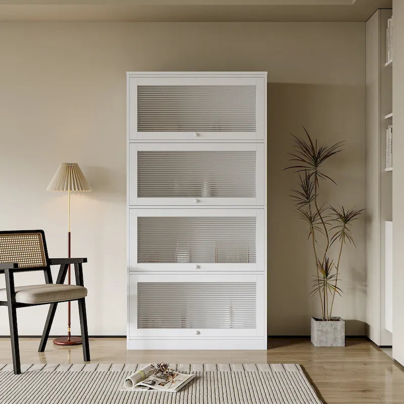 4-Layer Flip-Up Glass Door Storage Cabinet Walnut Brown White