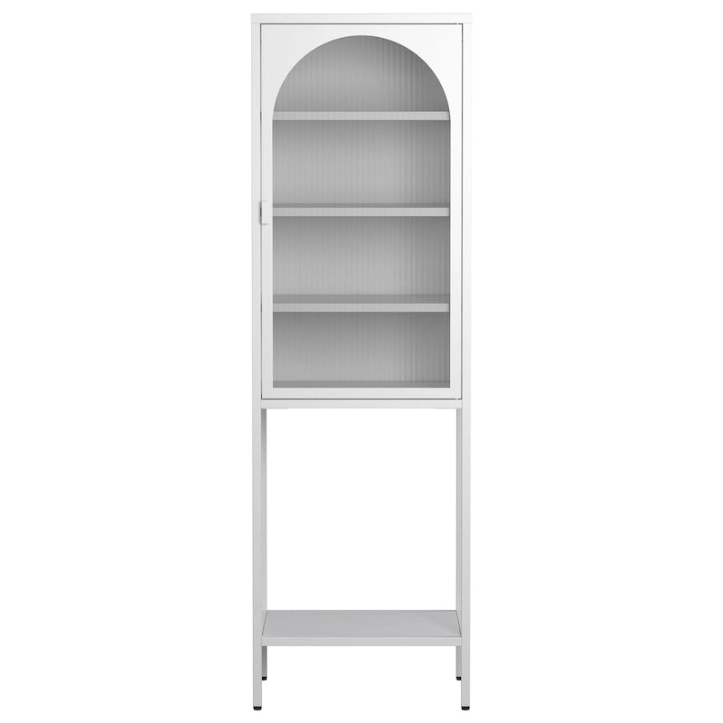 Tall Metal Display Cabinet with Arched Ribbed Glass Door Adjustable Shelves White Black