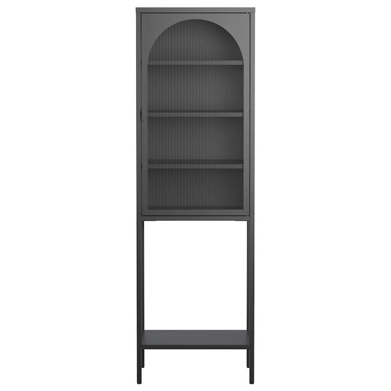 Tall Metal Display Cabinet with Arched Ribbed Glass Door Adjustable Shelves White Black