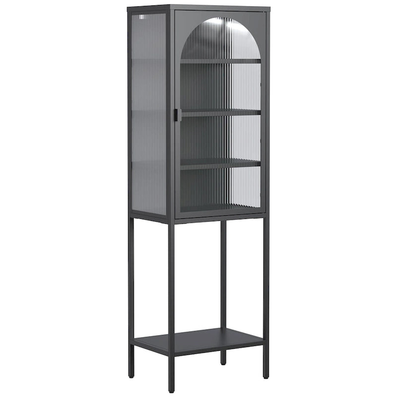 Tall Metal Display Cabinet with Arched Ribbed Glass Door Adjustable Shelves White Black