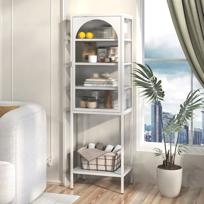 Tall Metal Display Cabinet with Arched Ribbed Glass Door Adjustable Shelves White Black