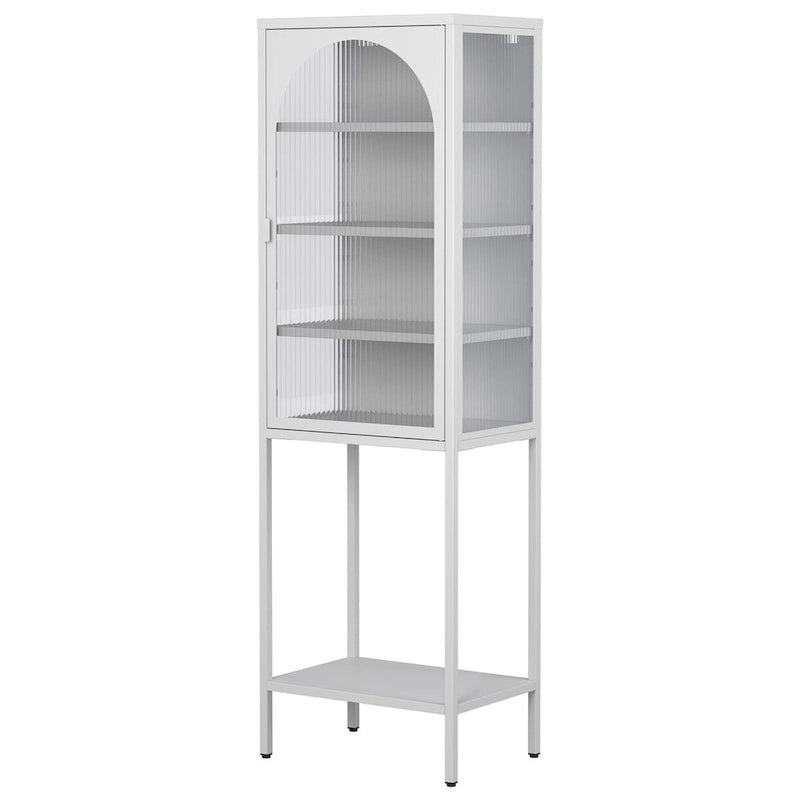 Tall Metal Display Cabinet with Arched Ribbed Glass Door Adjustable Shelves White Black