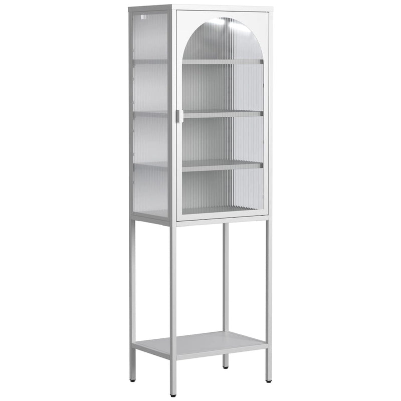 Tall Metal Display Cabinet with Arched Ribbed Glass Door Adjustable Shelves White Black